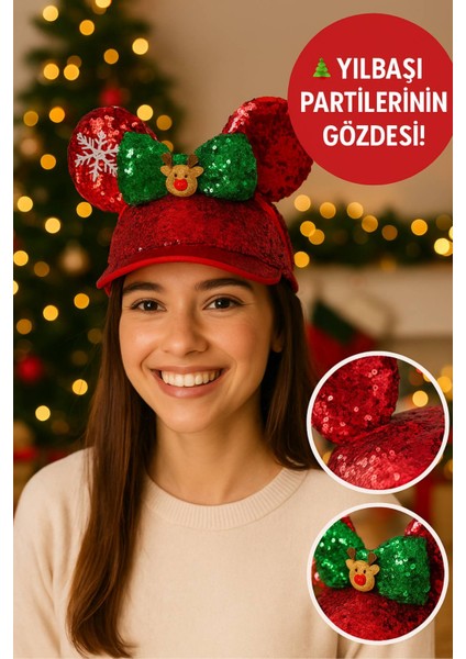 Kırmızı Payetli Yılbaşı Şapkası – Yeşil Fiyonklu, Geyik Figürlü, Her Yaşa Uygun Parti Aksesuarı