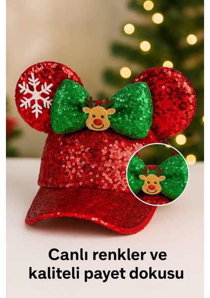 Kırmızı Payetli Yılbaşı Şapkası – Yeşil Fiyonklu, Geyik Figürlü, Her Yaşa Uygun Parti Aksesuarı modelleri