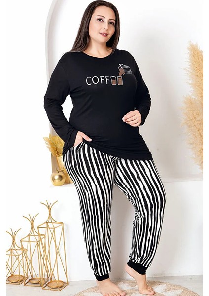 Lady Uzun Kollu Bisiklet Yaka Üst ve Çizgili Lastikli Paçalı Büyük Beden Viskon Kumaş Pijama Takımı