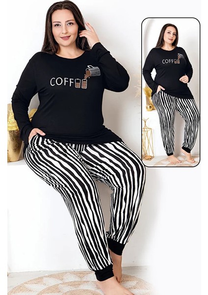 Lady Uzun Kollu Bisiklet Yaka Üst ve Çizgili Lastikli Paçalı Büyük Beden Viskon Kumaş Pijama Takımı fiyatları