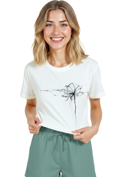 Kadın Beyaz Relaxed Fit %100 Pamuk Tişört – Ince Mürekkep Çiçek Baskılı modelleri