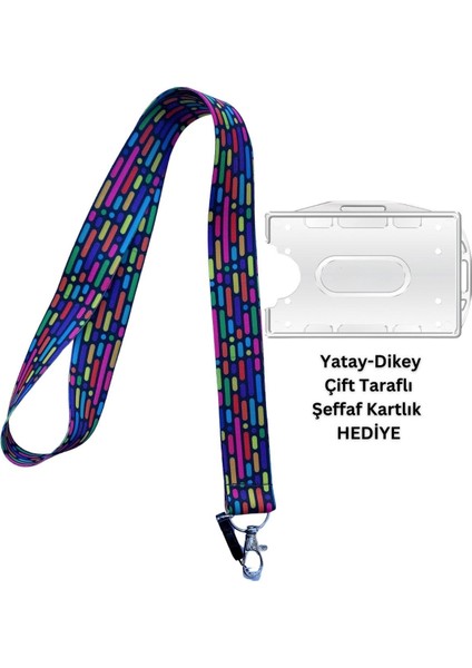 Renkli Çizgiler Kart Askısı Yaka Kartı Telefon Askısı Yatay Dikey Kart Koruyucu