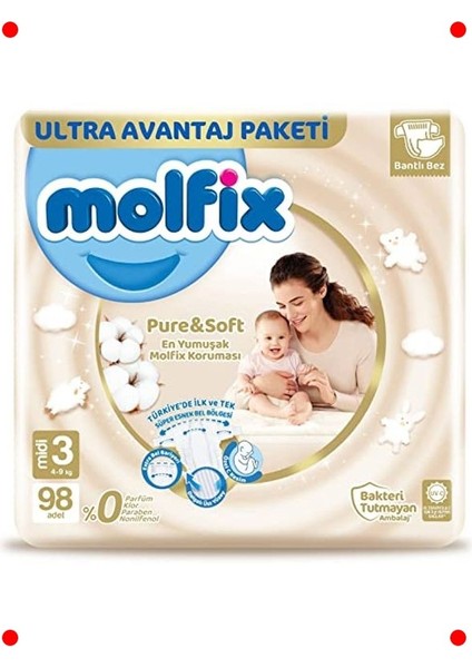 Saf & Yumuşak Bebek Bezi Midi 3 Beden 98 Adet