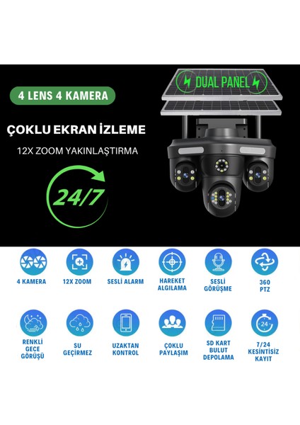 SNR-2 Dual Solar Güvenlik Kamerası AOV 4G Sim Kartlı PTZ Hareketli Gece Görüşlü Güneş Panelli Kamera modelleri