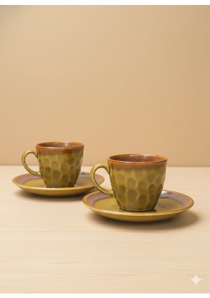 El Yapımı Seramik Kahve Fincan Takımı 2 Kişilik | Otantik Yeşil Dokulu Fincan ve Tabak Seti