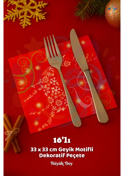 Kırmızı Geyikli Peçete Sunumluk I16 Adet Dekoratif Estetik Yılbaşı Parti Konsepti 33X33 cm