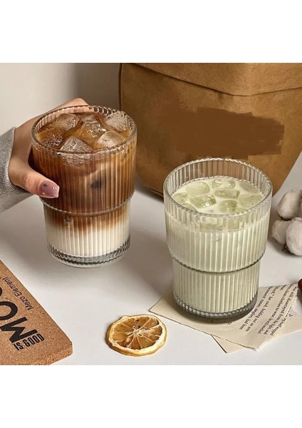 Adet 280 ml Origami Dayanıklı Çizgili Desenli Cam Kahve Çay Sunum Bardağı