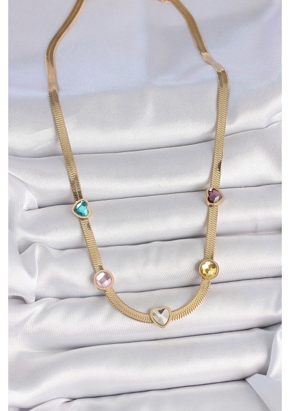 316L Çelik Gold Renk Italyan Zincir Renkli Zirkon Taşlı Kalp Figür Kadın Kolye fiyatları