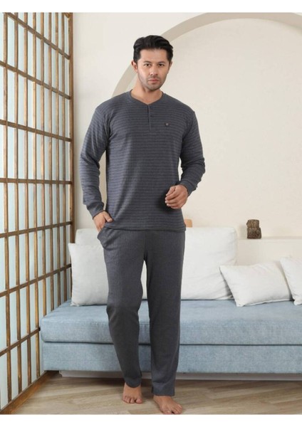 Erkek Pijama Takımı - Antrasit Çizgili Kışlık Interlok 1221UK
