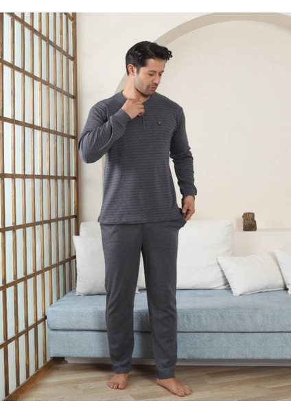 Erkek Pijama Takımı - Antrasit Çizgili Kışlık Interlok 1221UK fiyatları