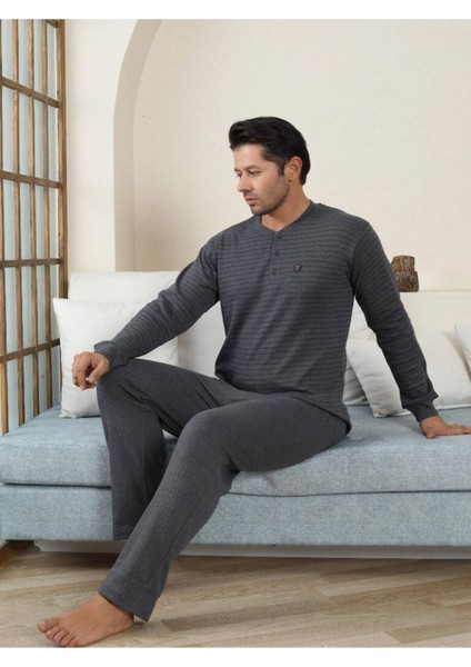Erkek Pijama Takımı - Antrasit Çizgili Kışlık Interlok 1221UK modelleri