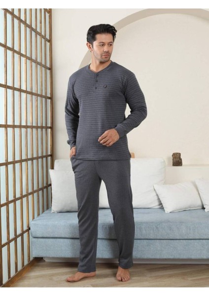 Erkek Pijama Takımı - Antrasit Çizgili Kışlık Interlok 1221UK fırsatları