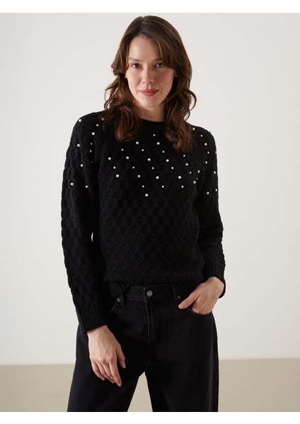 Yeni Sezon Bisiklet Yaka Boncuk Işlemeli Kadın Triko Kazak