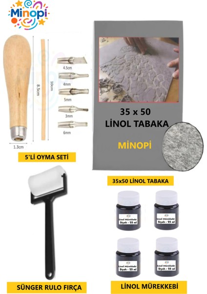 Linol Tabaka Levha 2.5 mm 35X50 cm , Siyah Mürekkep , Sünger Rulo Merdane , 5'li Oyma Seti