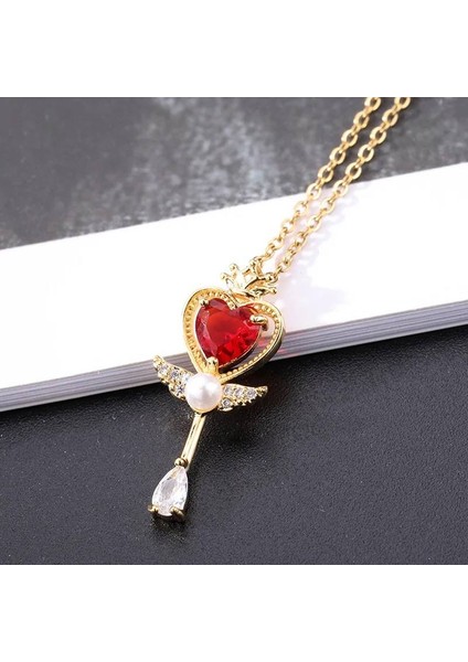 Kırmızı Kalp Anahtar ve Taç Kolye - Kırmızı Kalp Inci Kanat Detaylı Çelik Kolye