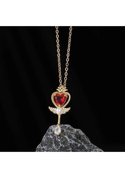 Kırmızı Kalp Anahtar ve Taç Kolye - Kırmızı Kalp Inci Kanat Detaylı Çelik Kolye fiyatları