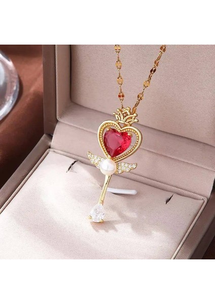 Kırmızı Kalp Anahtar ve Taç Kolye - Kırmızı Kalp Inci Kanat Detaylı Çelik Kolye modelleri