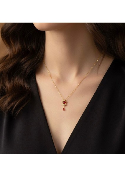 Kırmızı Kalp Anahtar ve Taç Kolye - Kırmızı Kalp Inci Kanat Detaylı Çelik Kolye fırsatları