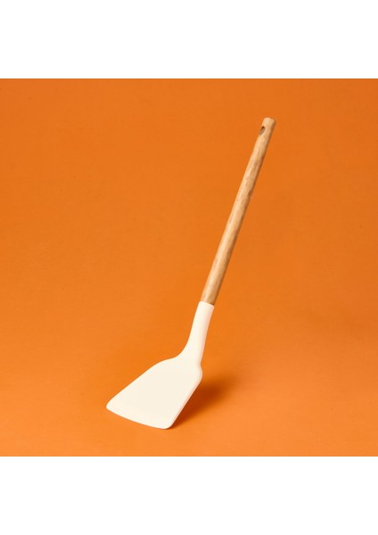 Ahşap Saplı Silikon Geniş Spatula - Krem / Kahverengi