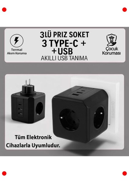 Çocuk Korumalı 3 Prizli Grup Şarj - 2 USB + Type-C fiyatları