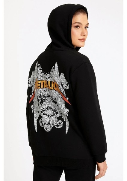 Metallica Iki Iplik Kapüşonlu Ön ve Arka Baskılı Hoodie - Siyah modelleri