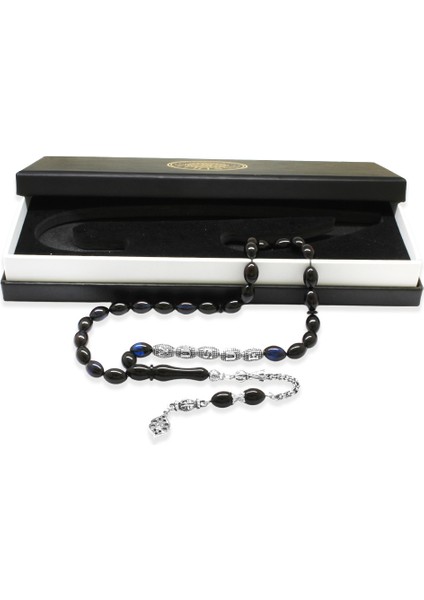 Kararmaz Metal Püsküllü Isme Özel Yazılı Arpa Kesim Mavi Siyah Sıkma Kehribar Tesbih