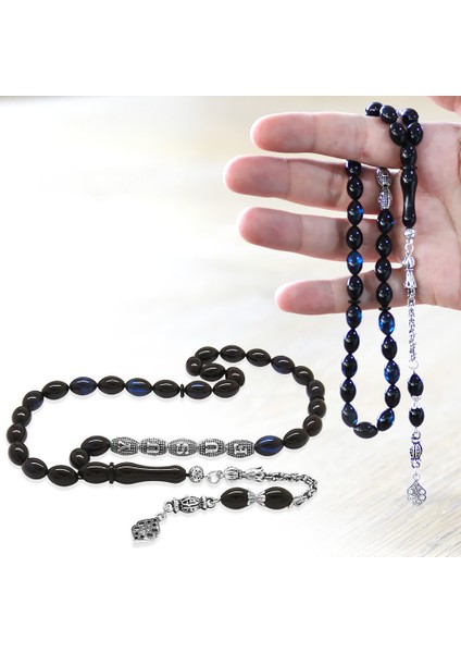 Kararmaz Metal Püsküllü Isme Özel Yazılı Arpa Kesim Mavi Siyah Sıkma Kehribar Tesbih modelleri