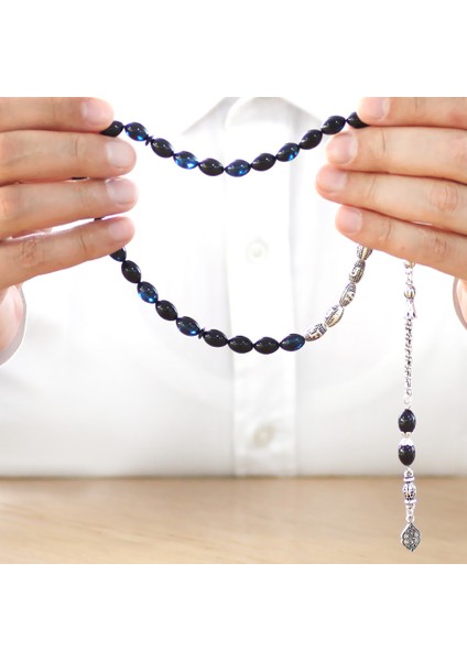 Kararmaz Metal Püsküllü Isme Özel Yazılı Arpa Kesim Mavi Siyah Sıkma Kehribar Tesbih fırsatları