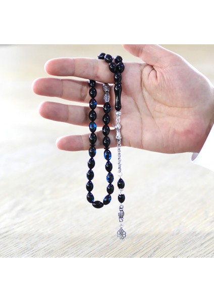 Kararmaz Metal Püsküllü Isme Özel Yazılı Arpa Kesim Mavi Siyah Sıkma Kehribar Tesbih indirimleri