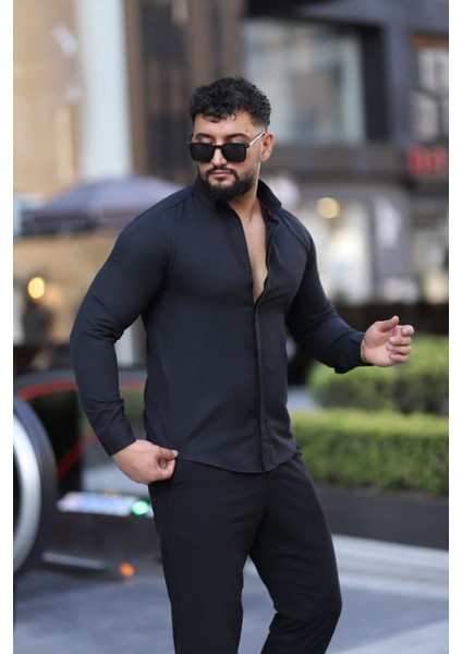 Saklı Düğmeli Slim Fit Klasik Yaka Uzun Kol Pamuk Gömlek