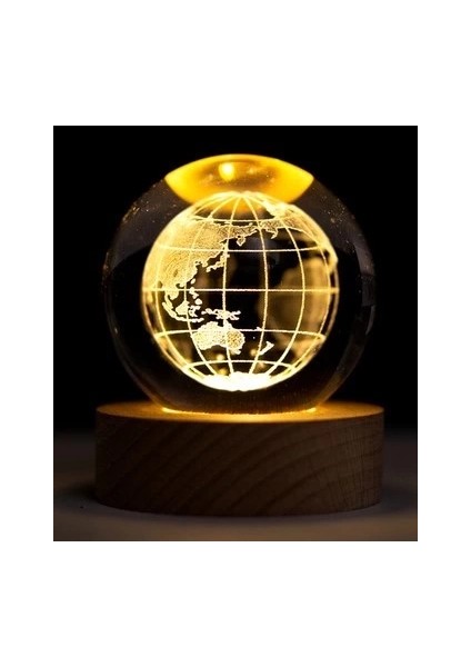 Dekoratif Dünya Tasarımlı Ahşap Altlıklı Işıklı Cam Küre Büyük Boy Cam:8cm Ahşap:2cm