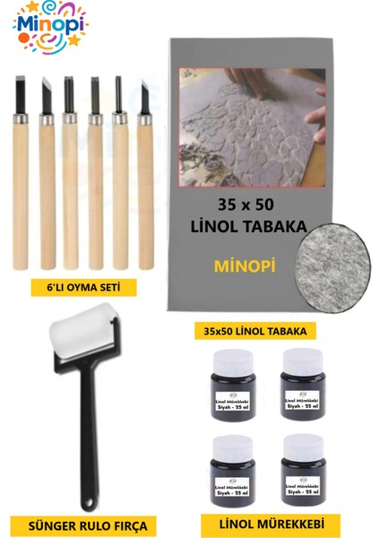 Linol Tabaka Levha 2.5 mm 35X50 cm , Siyah Mürekkep , Sünger Rulo Merdane , 6'lı Oyma Seti