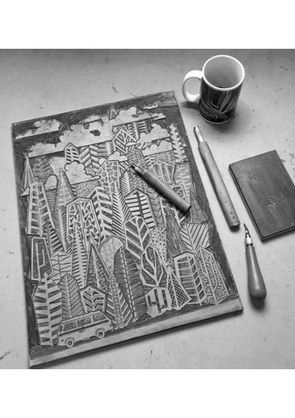 Linol Tabaka Levha 2.5 mm 35X50 cm , Siyah Mürekkep , Sünger Rulo Merdane , 6'lı Oyma Seti modelleri