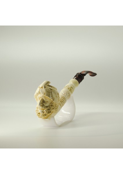 El Oyması Lületaşı Pipo – Dionysos (Üzüm/asma) Figürlü, Akrilik Ağızlık, Özel Kutulu, 20 cm