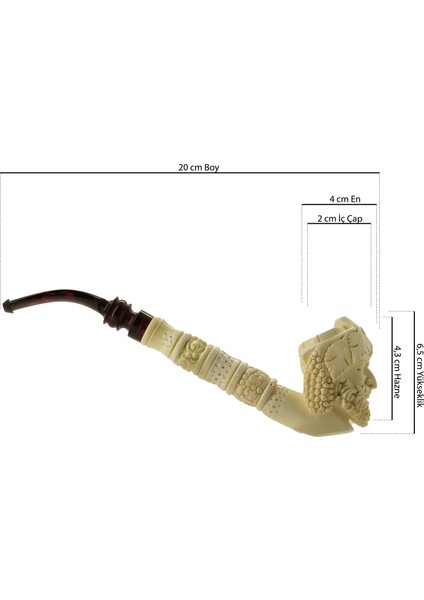 El Oyması Lületaşı Pipo – Dionysos (Üzüm/asma) Figürlü, Akrilik Ağızlık, Özel Kutulu, 20 cm