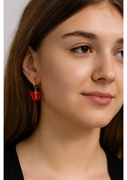 Paslanmaz Çelik Kırmızı Kelebek Küpe