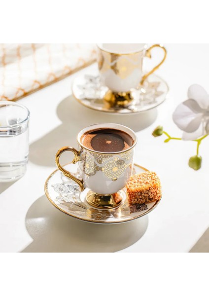 Ece 12 Parça Porselen Kahve Fincan Takımı - Beyaz / Gold