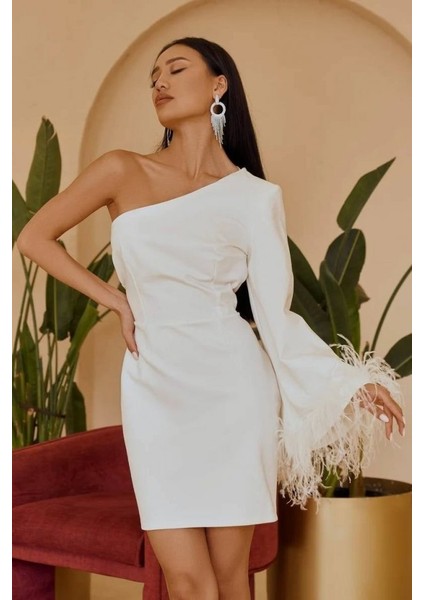 Kadın Kayık Yaka Kolu Salaş Püskül Detay Kalem Mini Elbise S-Beyaz modelleri
