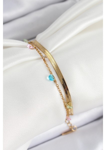 316L Çelik Gold Renk Karışık Renkli Kristal Taşlı 2 Li Kadın Bileklik fiyatları