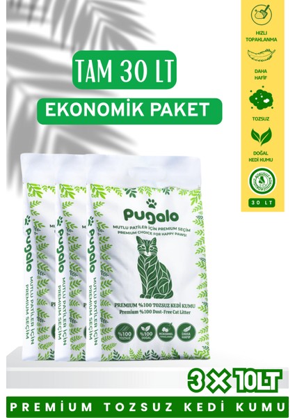 Ekonomik Paket 3X10LT Tozsuz Naturel Premium Koku Hapseden Topaklanan Kedi Kumu 30LT