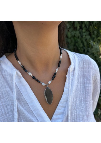 El Yapımı Oniks Doğal Taş Mayorka Inci Gümüş Aksesuar Özel Tasarım Doğaltaş Kolye