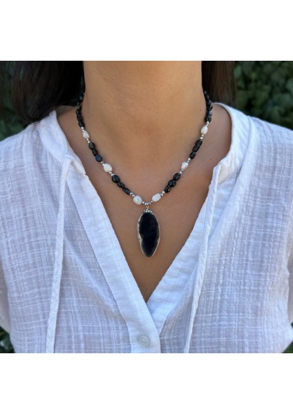 El Yapımı Oniks Doğal Taş Mayorka Inci Gümüş Aksesuar Özel Tasarım Doğaltaş Kolye modelleri