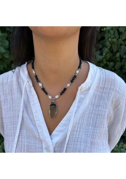 El Yapımı Oniks Doğal Taş Mayorka Inci Gümüş Aksesuar Özel Tasarım Doğaltaş Kolye indirimleri