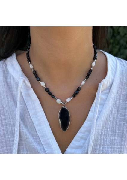 El Yapımı Oniks Doğal Taş Mayorka Inci Gümüş Aksesuar Özel Tasarım Doğaltaş Kolye