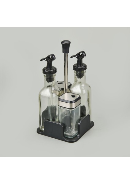 4'lü Cam Tuzluk Yağlık Sirkelik Seti - Şeffaf / Siyah