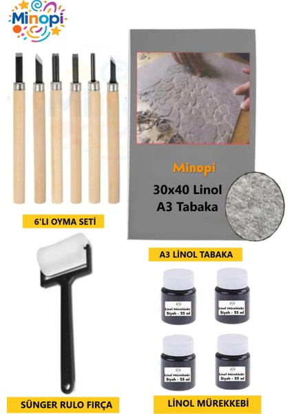 Linol Tabaka Levha 2.5 mm 30X40 cm , Siyah Mürekkep , Sünger Rulo Merdane , 6'lı Oyma Seti
