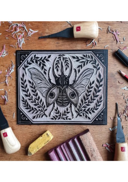 Linol Tabaka Levha 2.5 mm 30X40 cm , Siyah Mürekkep , Sünger Rulo Merdane , 6'lı Oyma Seti fırsatları