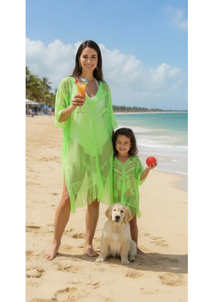 Bysen Ikili Anne-Kız Kelebek Takım Plaj Elbisesi Pareo