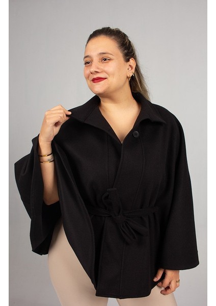 Büyük Beden Kaşe Kemerli Panço Siyah