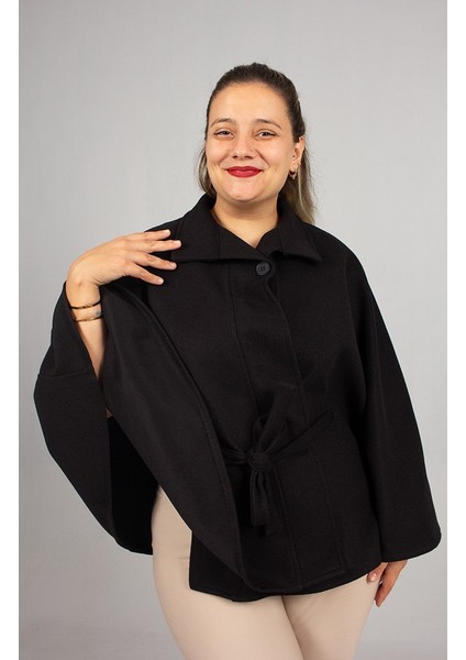 Büyük Beden Kaşe Kemerli Panço Siyah fiyatları
